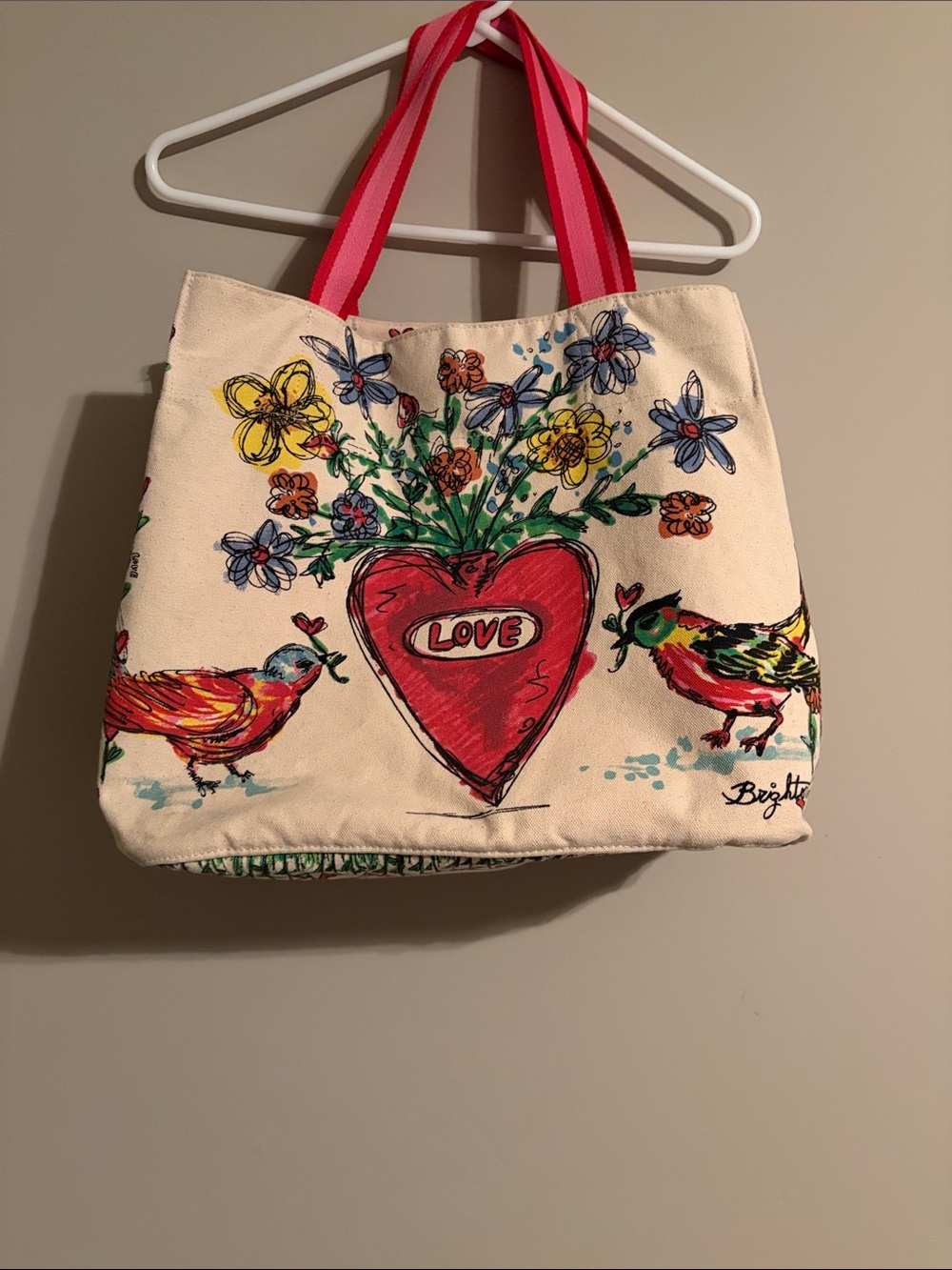 Brighton Cream Canvas Tote with Red Heart and Pink Straps
